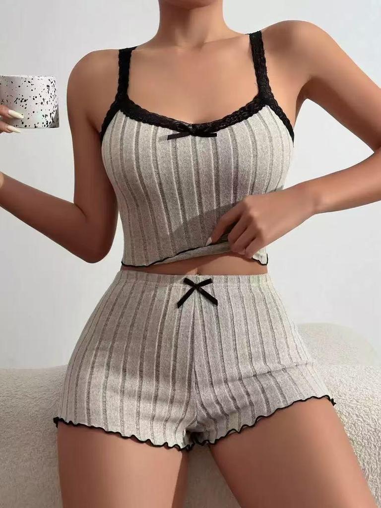 Women's Elastic Pajama Set: Lace Trim Camisole & Ribbed Knit Fleece Shorts
