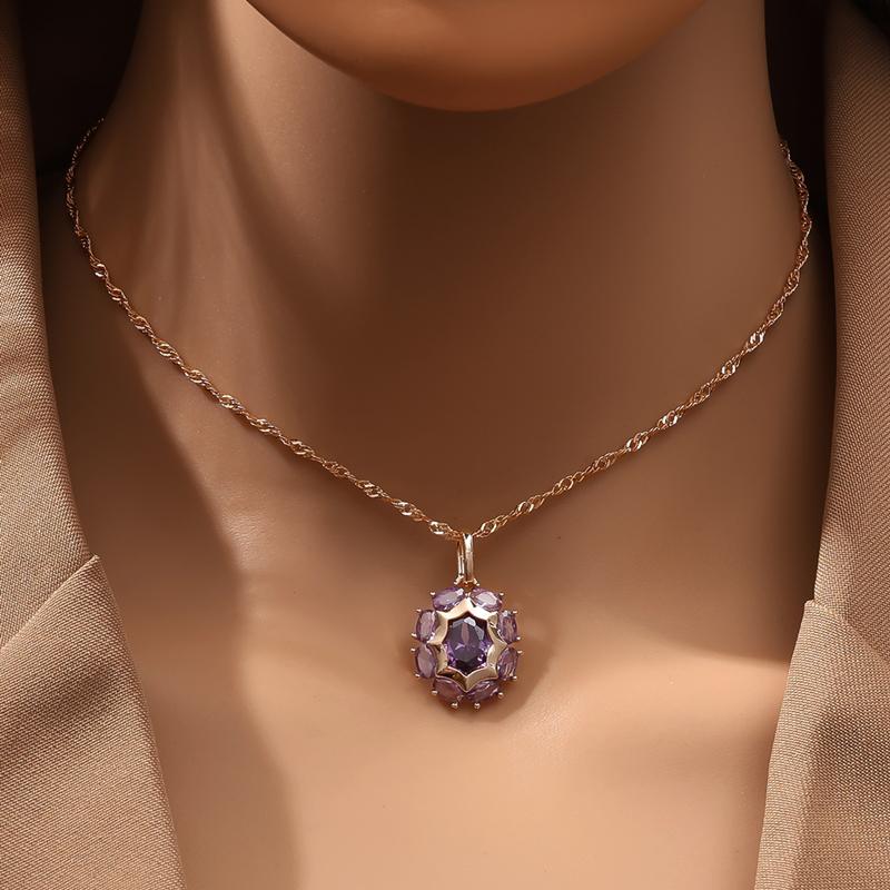 Luxe Ovale Paarse Zirkoon Hanger Ketting voor Vrouwen Goudkleurig Exquise Feestsieraden