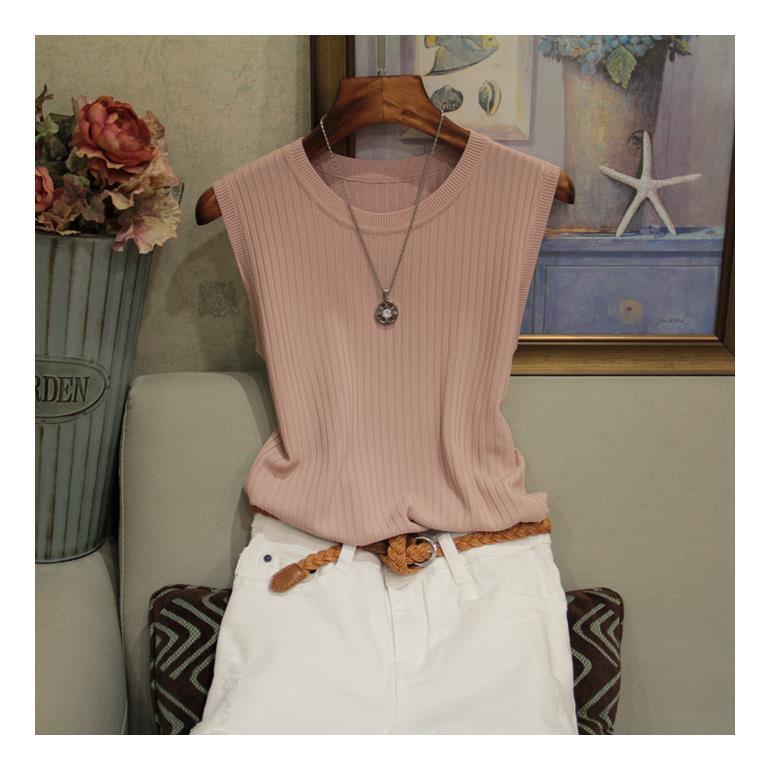 Summer new round neck vest women's wide shoulder strap versatile ice silk thin sleeveless knitted solid color outerwear top