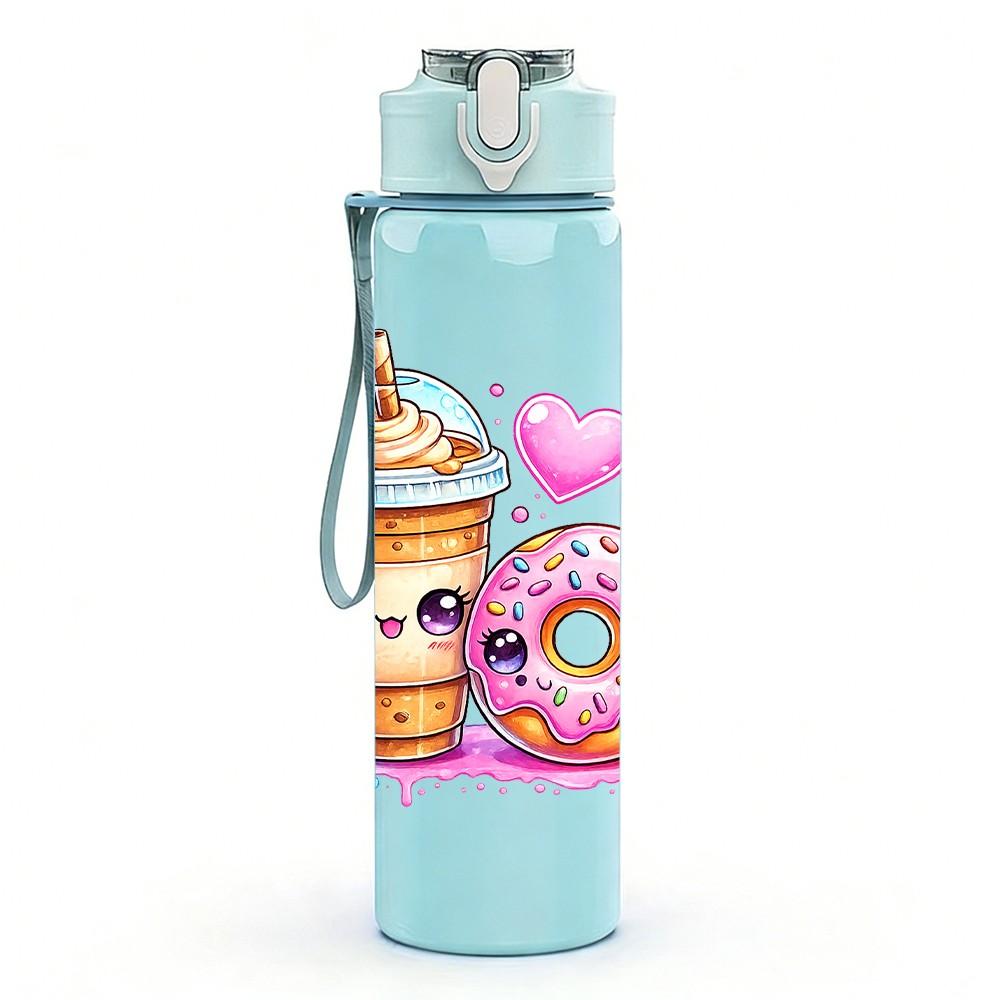 1PC Sweet Drink Donut Dessert Cartoon Print 750ml Color Plastic Sports Water Bottle Leakproof Flip Straw Lid Suitable for Sports Office Home Use