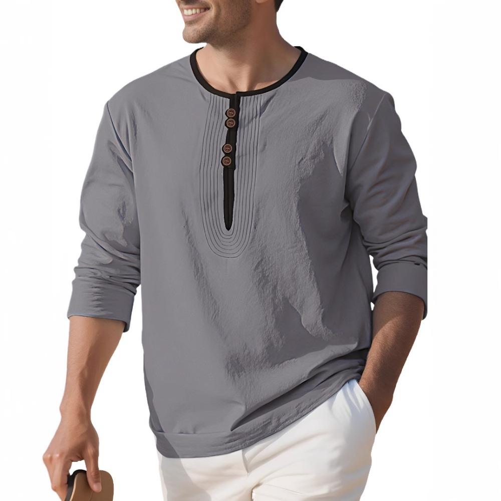 Fashion Henry Collar T-shirt for Men 95% Linen Long Sleeve Top Autumn Loose Leisure Splicing Tshirts Mens Clothing