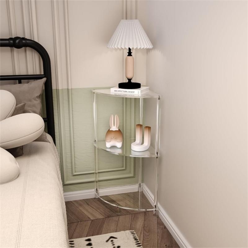 Clear Sturdy Acrylic Corner Shelf Three Tiers Side Table Accessory for Living Room or Bedroom Space Saving Designs
