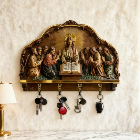 Wall Mount Key Holder Wooden Carving Jesus Themed Key Organizer Multi-purpose Home Office Entryway