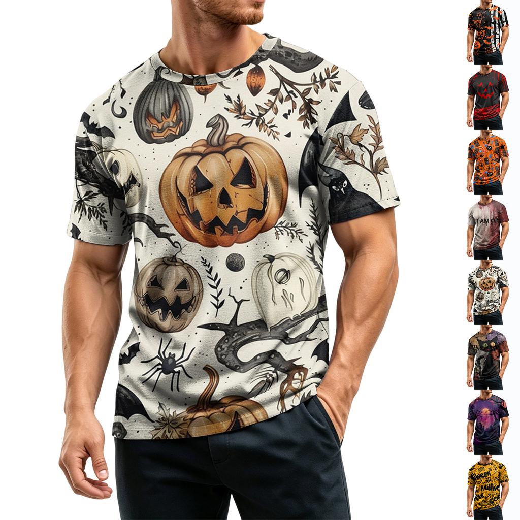Men's Lightweight Crew Neck Quick Dry Mesh Breathable Short Sleeve Shirt with Halloween Pumpkin Print for Casual Wear