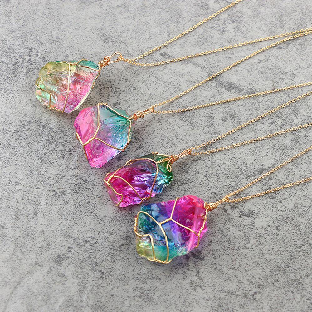 Fashion Rock Quartz Irregular Rainbow Stone Pendant Necklace Natural Crystal Jewelry