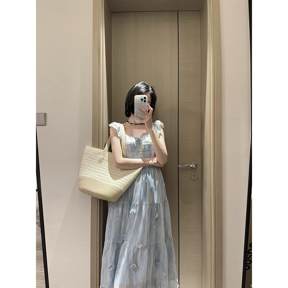 Blue flower unique beautiful temperament dress women's summer waist and thin temperament square neck suspender skirt