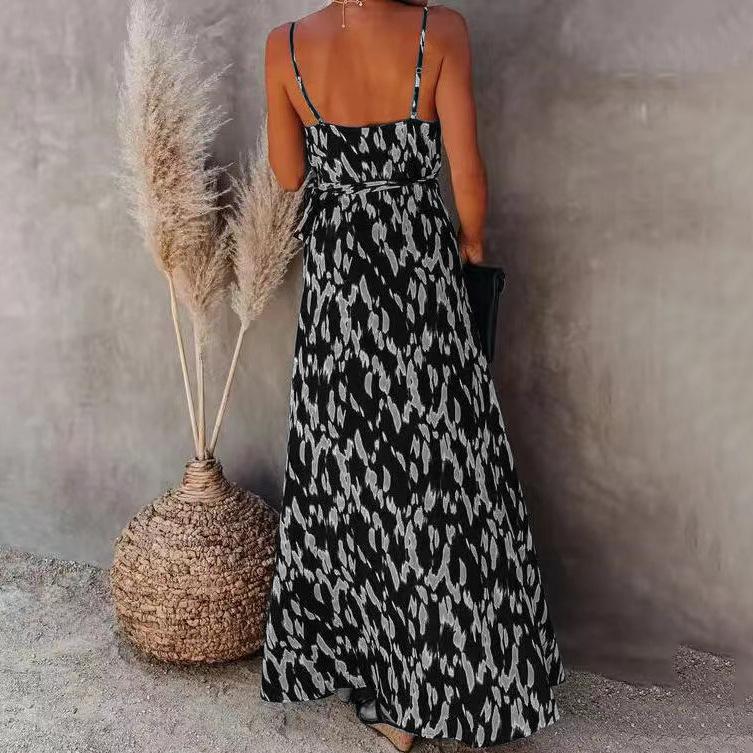 New European and American Women's Clothing Independent Station Dress with Split Suspenders and Sexy Printed Long Dress