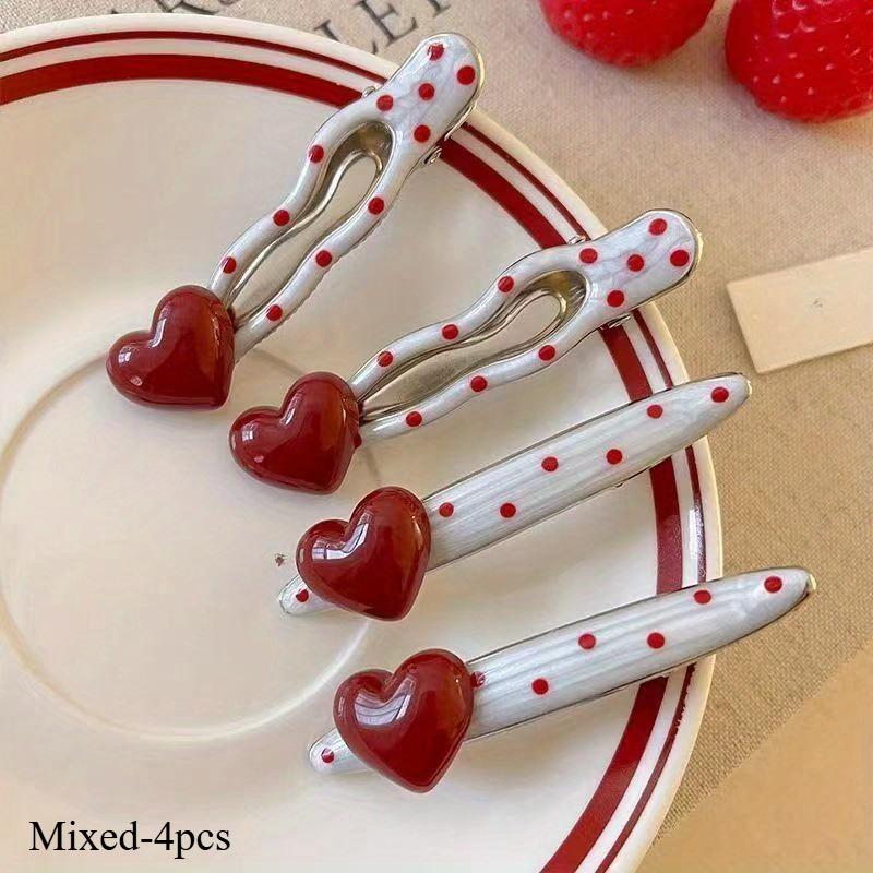 4pcs Retro Fashion Heart Polka Dot Hair Clips, Cute Duckbill Clip, Bangs Barrette, High-End Edge Clamps Versatile Accessories