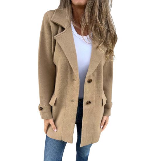Fall Winter Women Jacket Turn-down Collar Mid Length Single-breasted Solid Color Fake Pockets Commuting Daily Wear