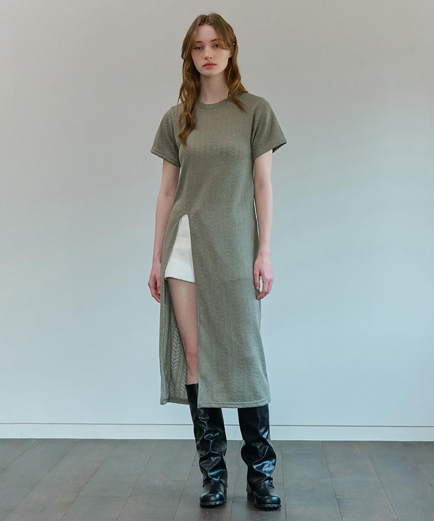 Kamino Slit Summer Lace Long Knit Dress Khaki