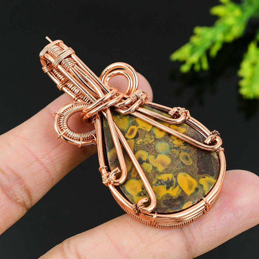 Natural Bamboo Jasper Gemstone Handmade Copper Wire Wrap Pendant 2.56 Y5n93