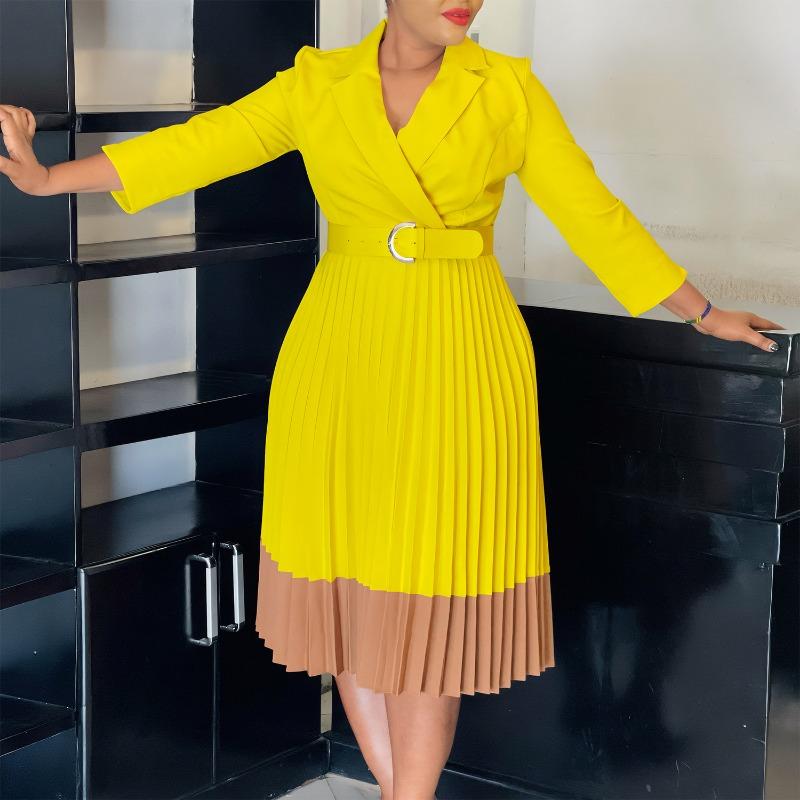 Women Elegant Color Block Turn Down Collar High Waist Pleated Office A Line Dress