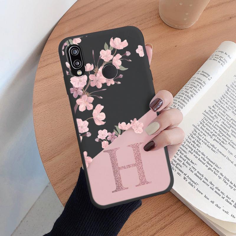 Initial Letter Silicone Case For Huawei P20 2018 P20 Lite P20 Pro Shell Retro Pink Flower Soft TPU Cover For Huawei P20 Capa