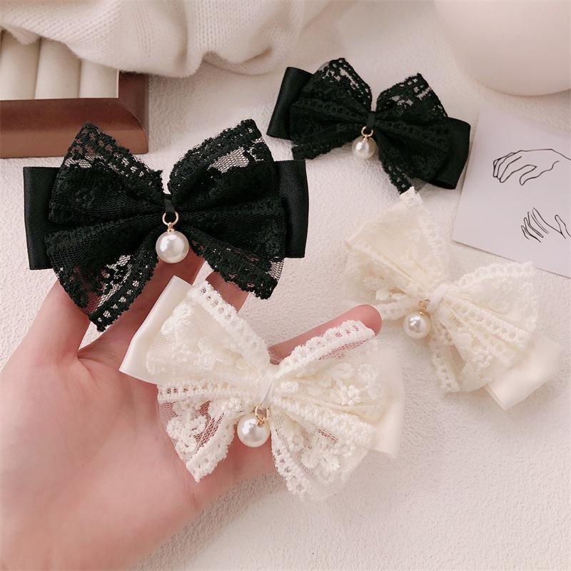 2pcs Xiaoxiangfeng Lace Bow Hair Clip, Pearl Bow, Bangs Clip, Side Hair Clip, Hair Accessory, Hairpin