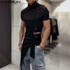 Men Mochneck Short Sleeve Fitted Hollow Out Tops Casual Knitted Irregular Tunic T-shirts
