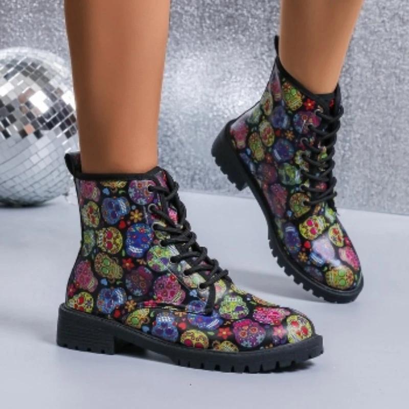 Shoes for Women 2024 Fashion Lace Up Autumn Women's Boots Round Toe Mixed Colors Printing Short Barrel Low Heels Commuting Boots