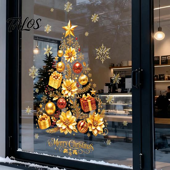 Large Christmas Tree Wall Clings 2 Sheets Gold Window Clings, Static Stick Snowflake Non Adhesive Holiday Stickers Bauble Glass Decals, No-Glue