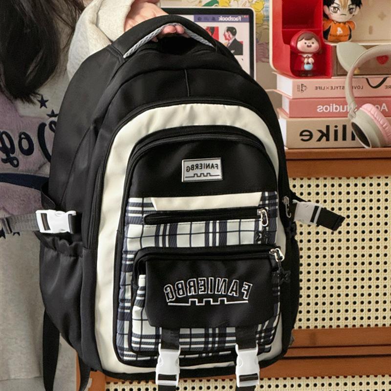 Schulrucksack neu große Kapazität Schüler-Schulrucksack kariert kontrastierende Farbe College-Stil mehrschichtiger Rucksack Reise Mittelstufen-Schulrucksack