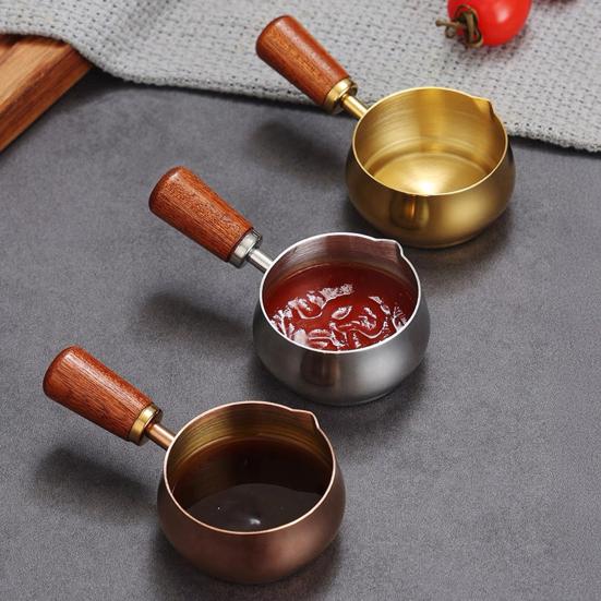 50/100/150ML Stainless Steel Sauce Cup with Wooden Handle V-Shaped Mouth Espresso Coffee Cup Condiments Salad Dressings Dipping Sauce Cup