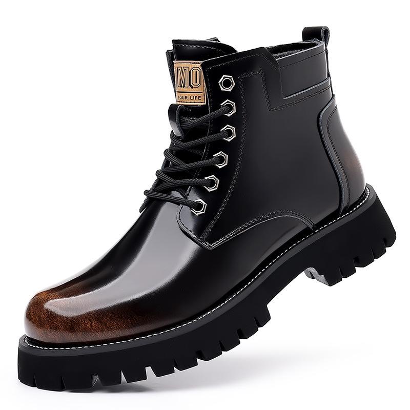 Autumn and Winter New High-top Velvet Men's Shoes Are Hot-selling Genuine Leather Bright Leather Heightening Retro Martin Boots To Keep Warm