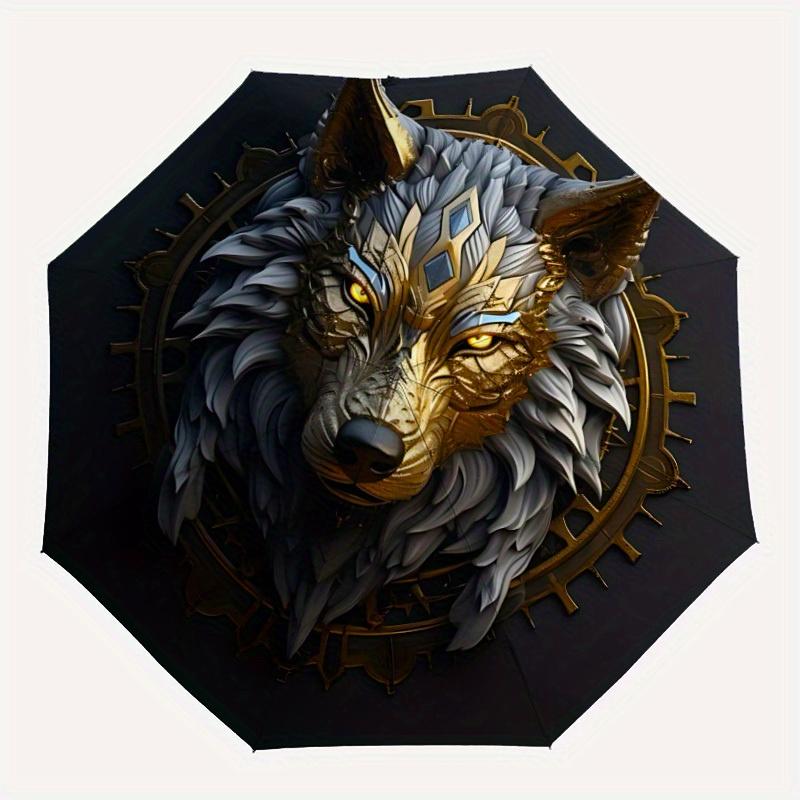 1pc Wolf Emblem Compact Travel Umbrella, Automatic Folding Lightweight Windproof 8-Bone Reinforced Design,012149