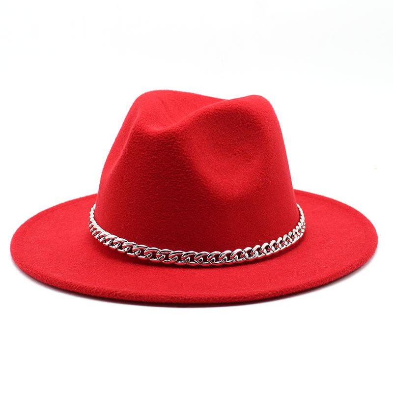 Woolen Jazz Top Hat Men'S And Women'S Chain Retro Flat-Brimmed Straight-Brimmed Big-Brimmed Felt Hat