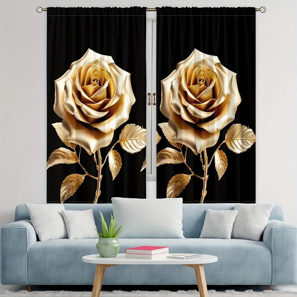 Golden Ebony Floral Digital Printed Drapes Rod Pocket Style Ideal for Livingroom Space Kitchen Bedchamber Study Contemporary Household