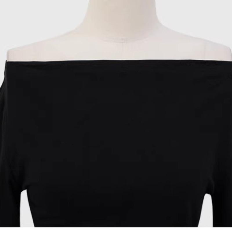Fashion Off Shoulder Skew Collar Slit Sexy T-shirt Women Tops Elegant Long Sleeve Casual Women's T Shirt Irregular Chic Slim Ladies Pullover Tee 26009
