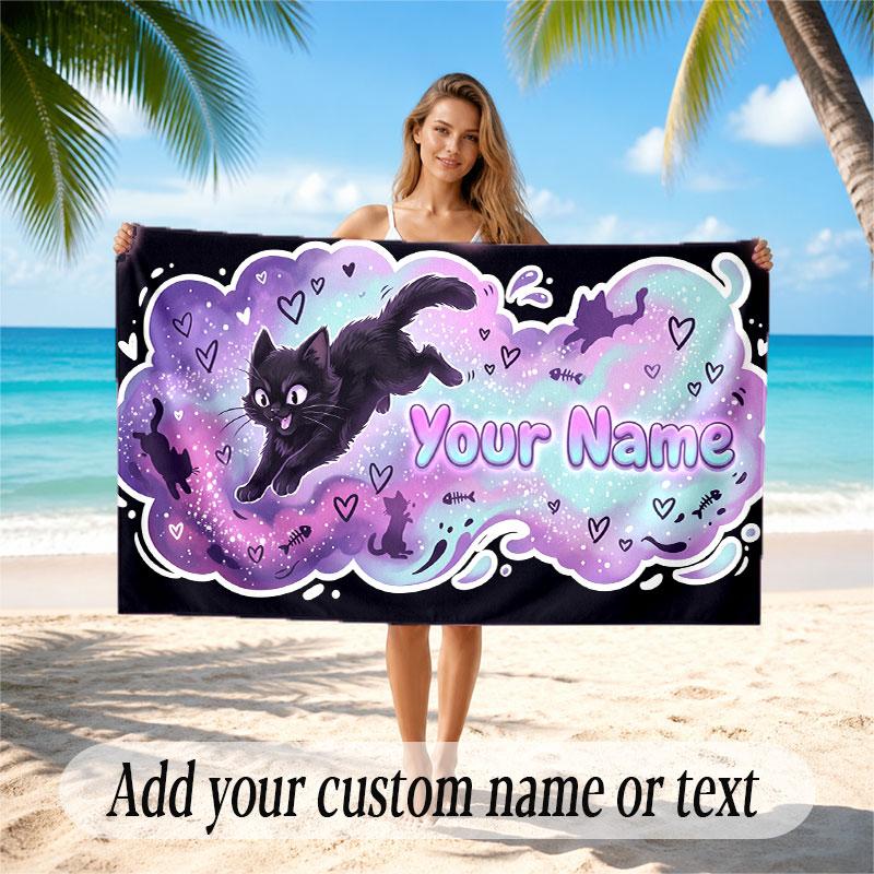 Cat Theme Soft Beach Towel Personalized Custom Name Text Towel Portable for Beach Pool Travel