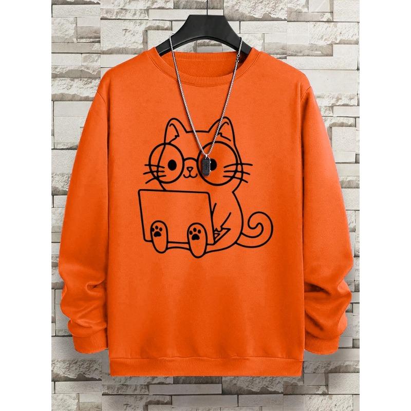 Gentleman Cat At Work Print Man Sweatshirt Hip Hop Loose Hoodie Autumn Hoody Fashion Streetwear Pullover O-Neck Pullovers & Long Sleeves Men’s