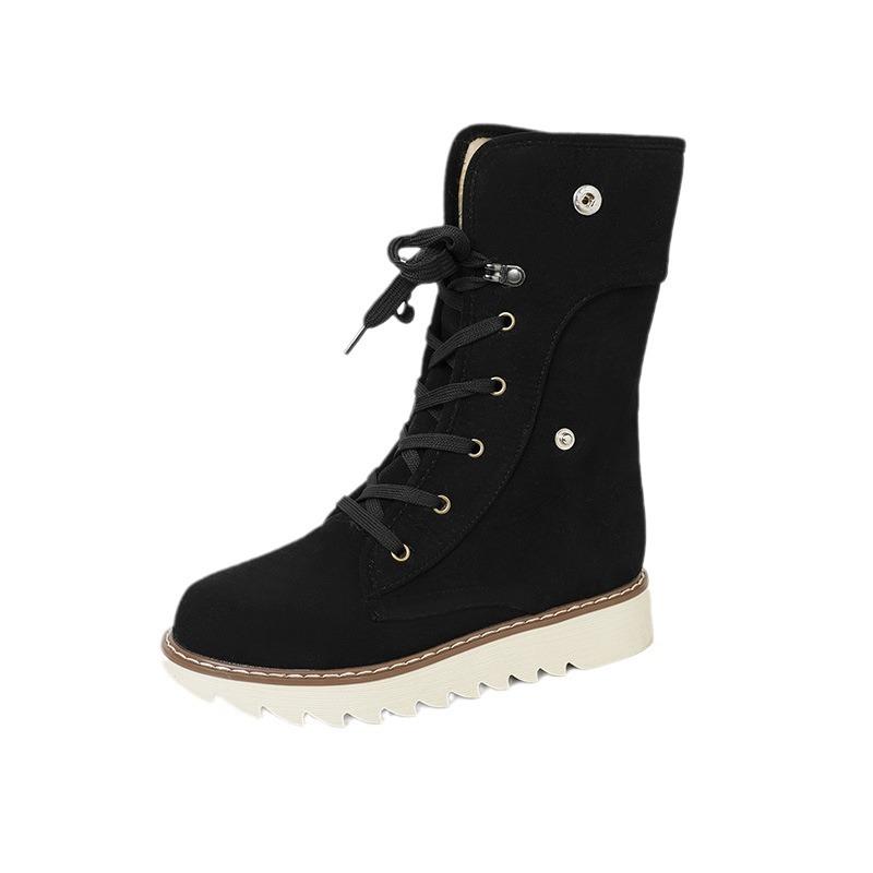 New, lace-up frosted leather medium boots, warm flat-bottomed large-size snow boots.