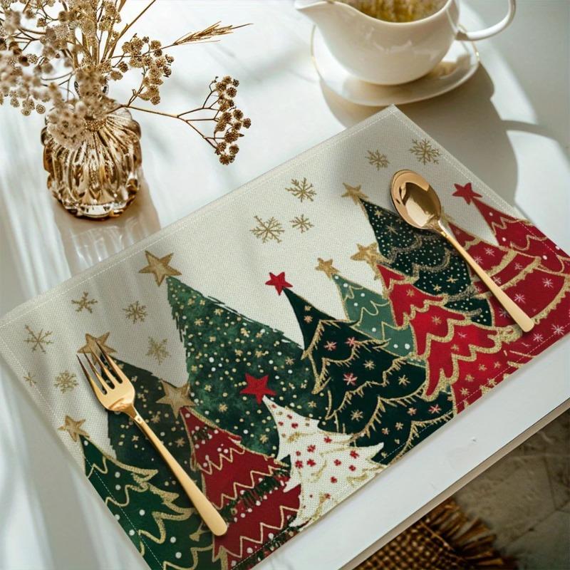 Christmas Tree Placemats Set of 4 Green Red Design Golden Stars Decor with Complete Knife Fork Spoon Cutlery Set Table Setting