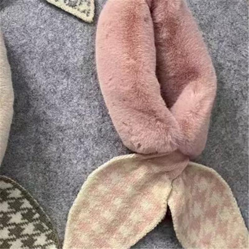 New Winter Korean Style Houndstooth Scarf Women's Fashionable Fur Warm Imitation Rabbit Fur Cross Small Scarf Thickened