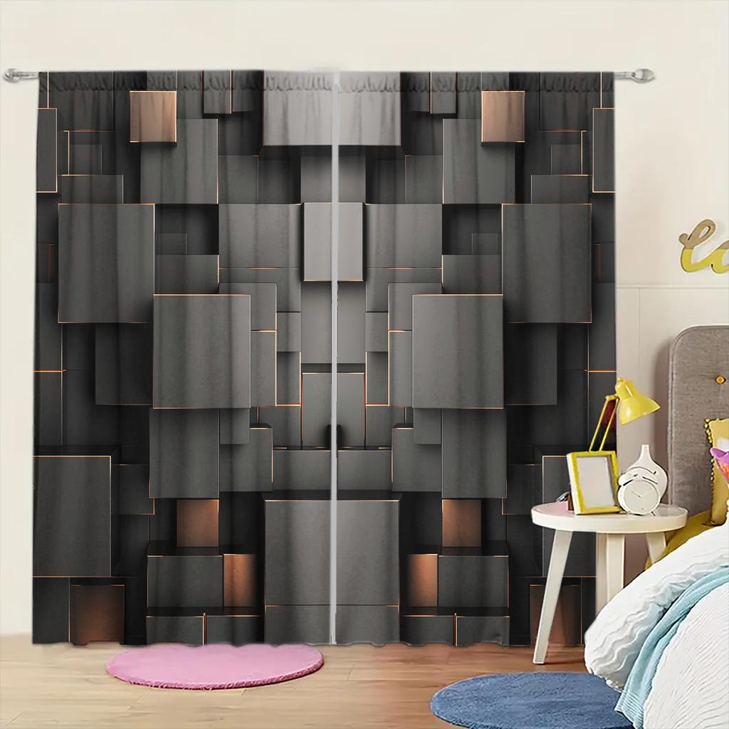 2pcs 3D Black Rectangular Formation Printed Curtain for Home Decor - Rod Pocket Window Treatment for Bedroom, Office, Kitchen