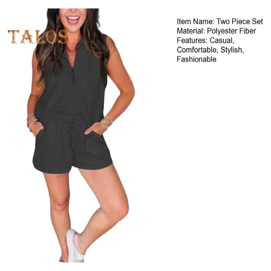 Women's Summer Two Piece Outfit Zipper V Neck Sleeveless Tank Top Elastic Drawstring Shorts Set Casual Lounge Tracksuit