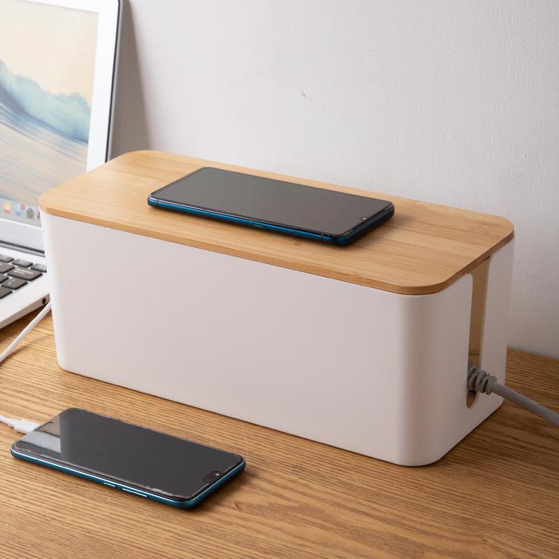 Cable Storage Box Wooden Power Line Storage Case Dustproof Charger Socket Organizer Wire Case Bedroom Cable Winder Organizer