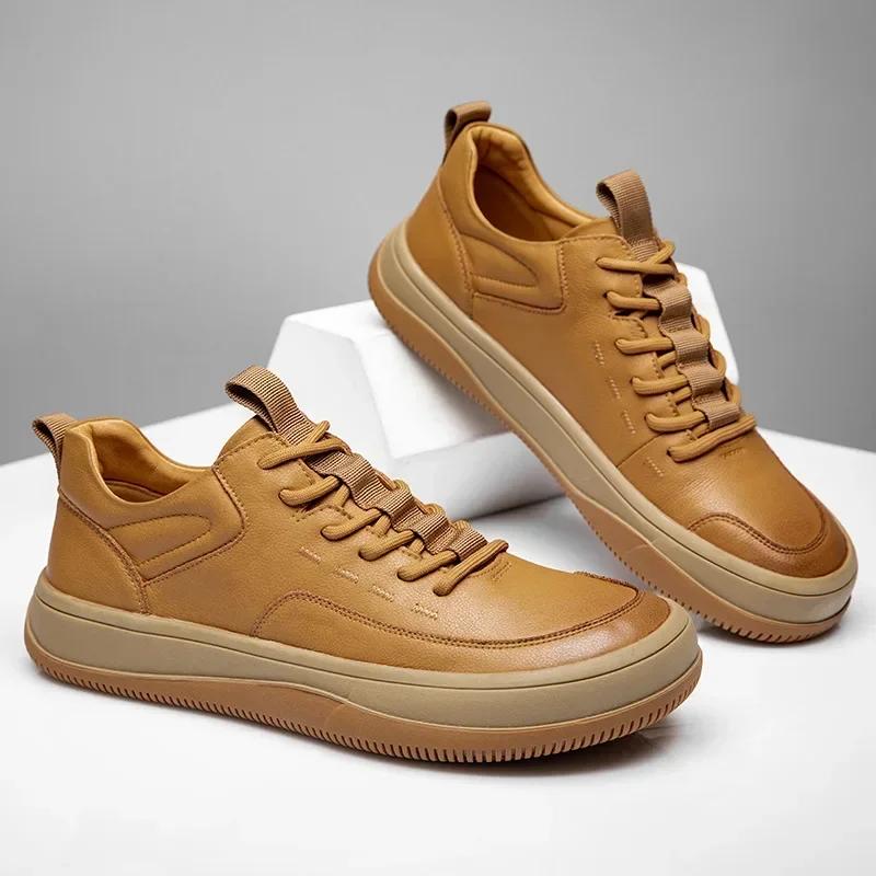 Genuine Leather Men's Shoes Trendy Versatile The Big Head Leather Shoes with Thick Soles Anti Slip Casual Board Shoes Outdoor
