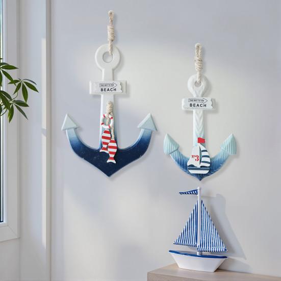 Båtkrok med snöre Massivt trä Handgjord Blåvit Gradient Kustdekor Symbol Lycka Båtkrok