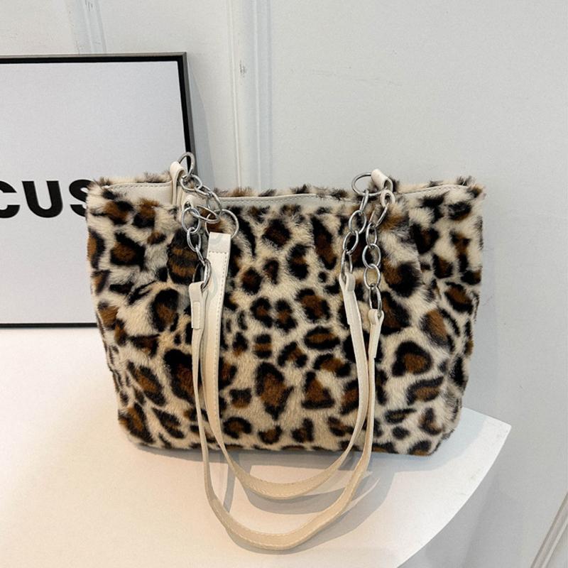 Leopard Pattern Travel Warm Plush Shoulder Bag Women Large Capacity Chain Decor Tote Bag Vintage Soft Faux Fur Top Handle Handbag KTY