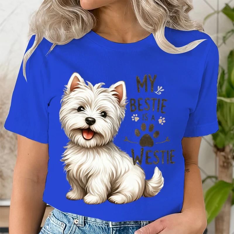 My Bestie Is A Westie Cute Dog Breeds Quotes Tshirt Women Funny Dog Paw Prints Tee Cartoon Animal Lover Gift Funny Tshirt Women