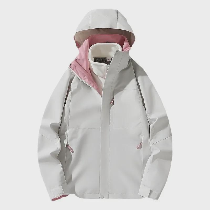 Veste 3-en-1 Coupe-vent Imperméable pour Femme avec Doublure Plus Velours, Épaissie pour l'Automne/Hiver, Style Alpinisme Couleur Contrastée pour Homme.