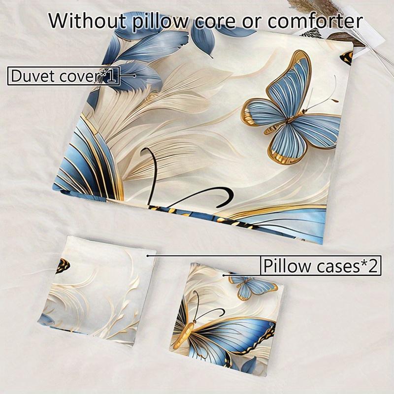 3Pcs Elegant Blue Butterfly Floral Bedding Duvet Cover Set Butterfly Floral Bedding Quilt Set Butterfly Themed Bed