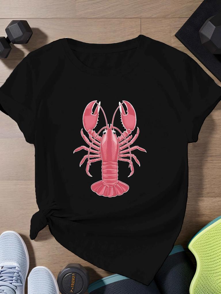 Creative Pink lobster Printed Summer Unisex Casual Tshirt Short Sleeve Roundneck Tshirt Soft Unisex Daily Wear Clothing