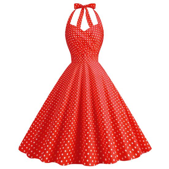 Abendkleid für Damen, Vintage, Kontrastfarbe, Punktdruck, A-Linie, großer Schwung, schmale Taille, ärmellos, rückenfrei, Neckholder, plissiert, Midikleid im Prinzessinnenstil