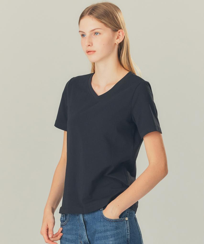 BASIC HOUSE Women'S V-Neck Stretch Slim Fit Short Sleeve T-Shirt Black Lats0204 (B Type)