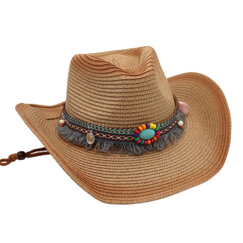 Model Western Cowboy Straw Hat Fringed Sunscreen Sun Hat Ethnic Style Hollow Beach Hat Ins Style
