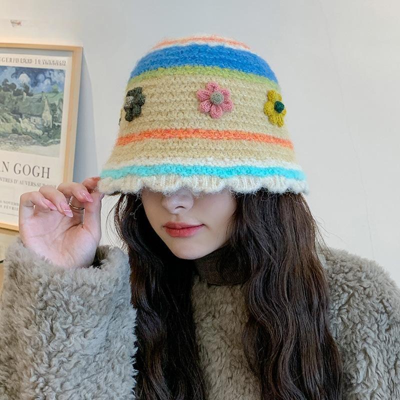 Japanese Hollow Knitted Basin Hat Autumn and Winter Sweet Dopamine Wool Hat Women's Colored Flower Bucket Hat