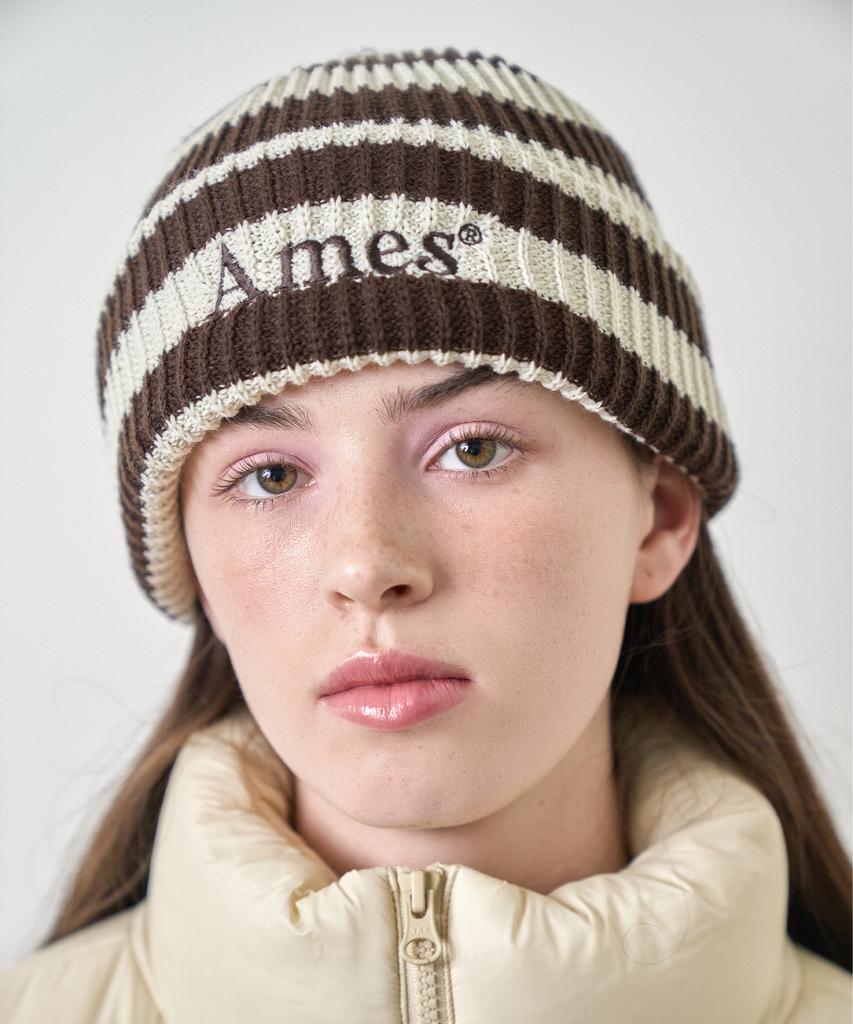 AMES-WORLDWIDE Stripe Knit Beanie Brown
