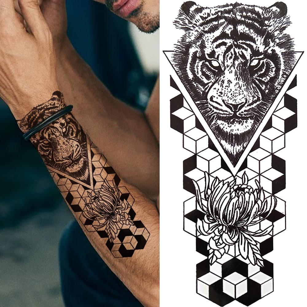 Kryžiaus liūto laikinos tatuiruotės moterims, vyrams, vaikams, suaugusiems, juodos gyvatės dievo tatuiruotės, tikroviškos netikros piktojo demono 3D gėlių tatuiruotės lipdukas