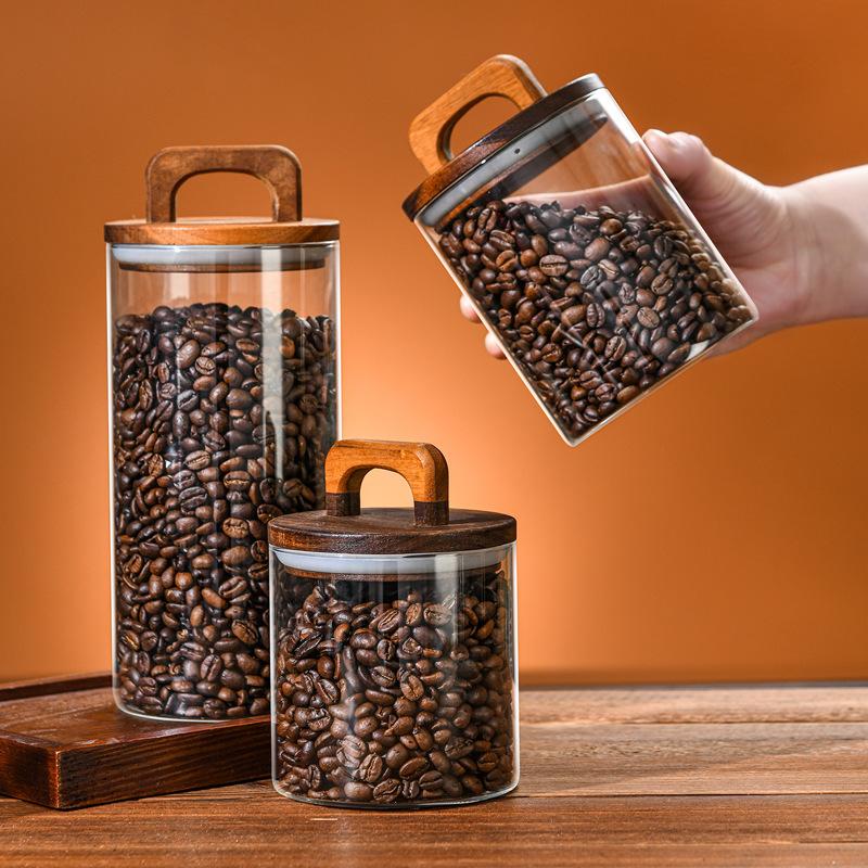 Coffee Bean Glass Sealed Jar Food Storage Containers Transparent Tea Jars with Wooden Lid and Handle Household Kitchen Bottles